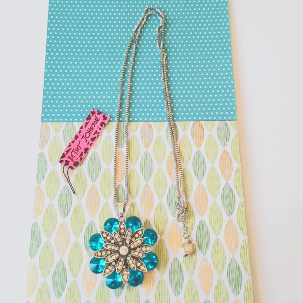 Betsey Johnson Style Necklace Blue Crystal Pendant Chain